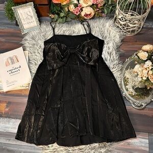 TCEC Black Satin Bow Babydoll Spaghetti Strap Dress
